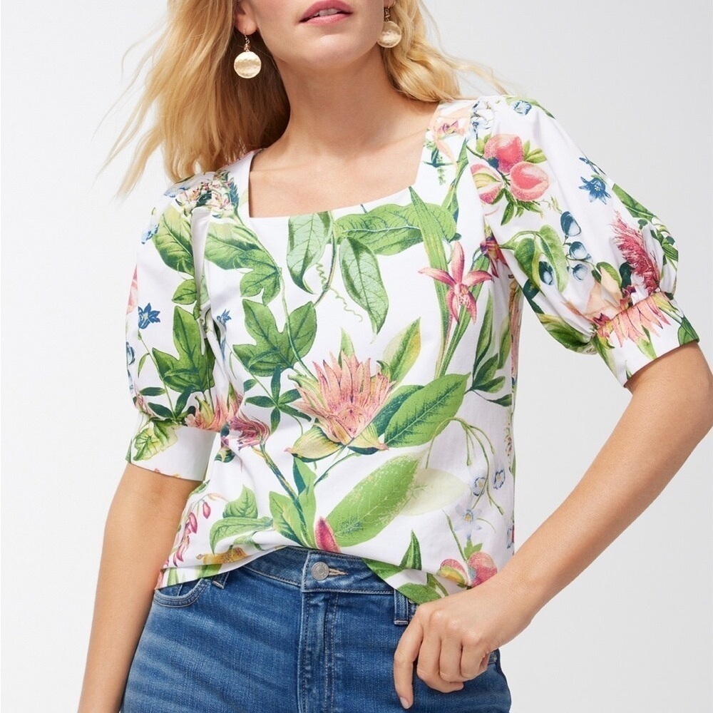 Chicos Colorful Tropical Floral Square Neck Puff Sleeve Top White Blouse S Small
